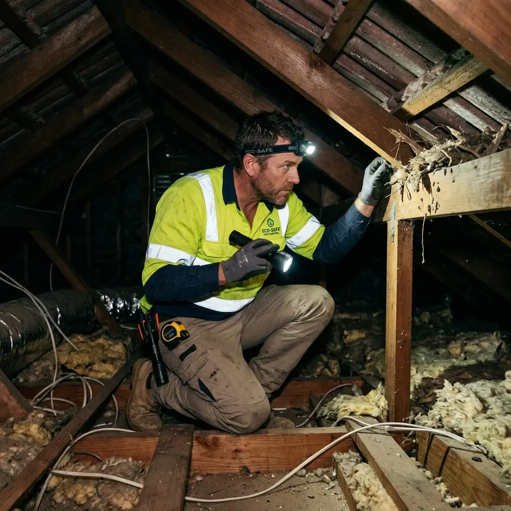 Technician inspecting a roof cavity for a dead animal in Indented Head