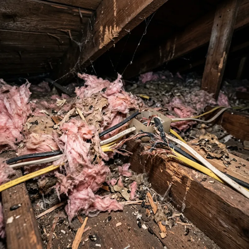 Contaminated ceiling insulation being assessed in a Indented Head roof space