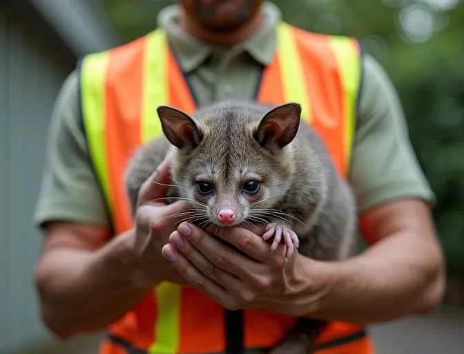 Animal handler safely recovering a deceased possum in Indented Head