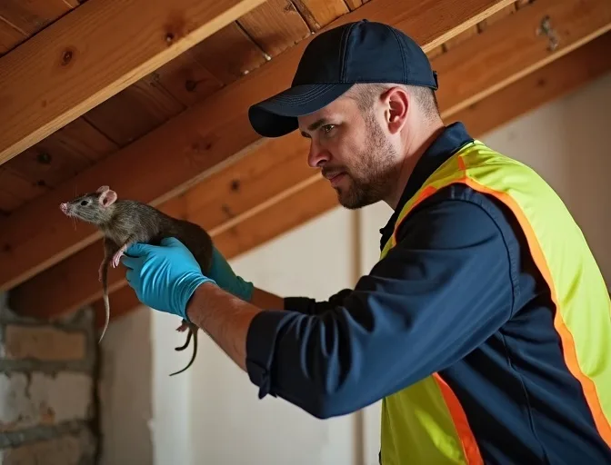 Technician inspecting a roof cavity for a dead rat in Indented Head